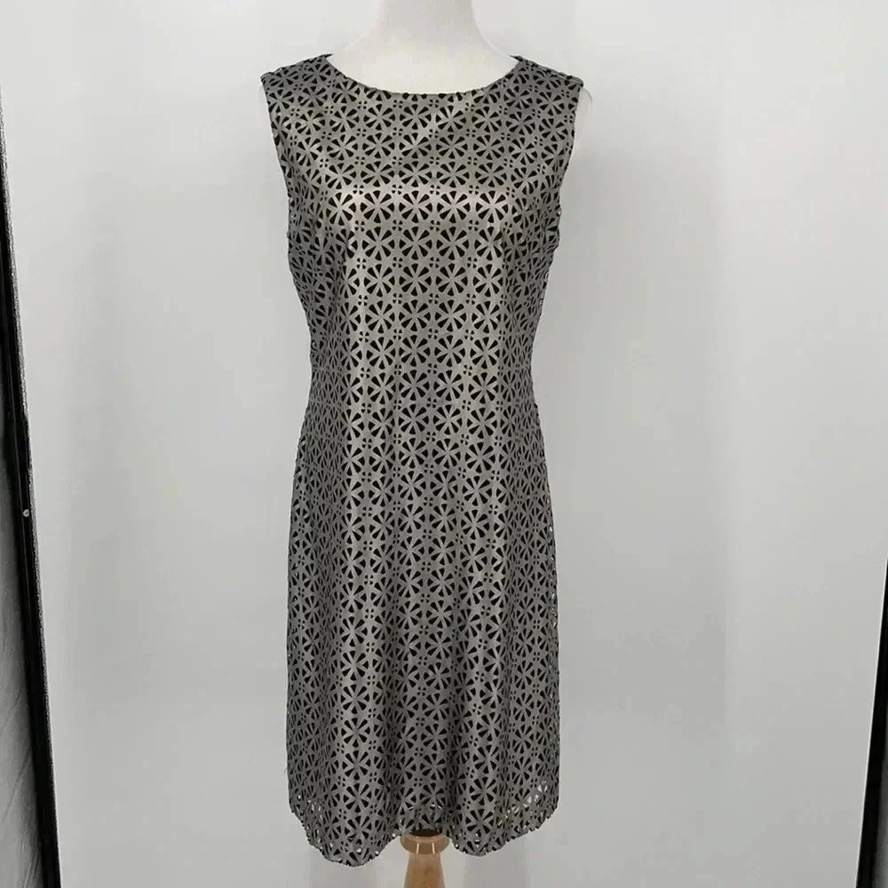 Tahari Geometric Dress 10 Silver Sheath Sleeveless Zip Back Cutouts Summer NWT